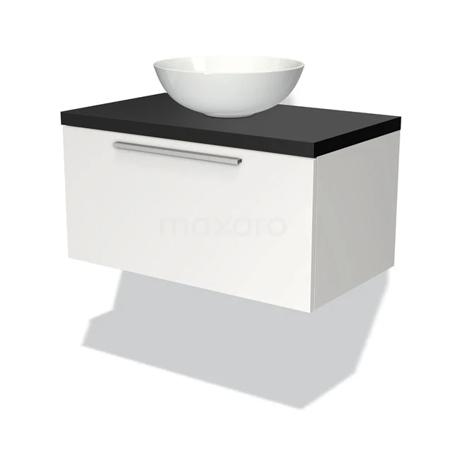 Weißes schwebendes Badezimmermöbel mit schwarzer Arbeitsplatte und rundem weißen Waschbecken, modernes Design mit schickem Metall-Haltegriff.