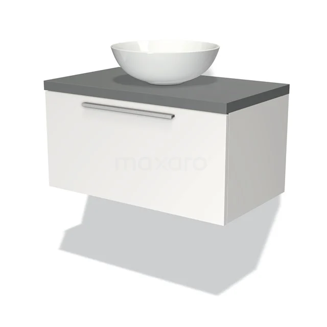 Waschtischunterschrank mit Konsole 80cm Modulo Plato Matt Weiß 1 Schublade Flach Mittelgrau Platte BMK11-00639 Weißes schwebendes Badmöbel mit grauer Steinplatte und runder Aufsatzwaschbecken, modernes Design für stilvolle Bäder.