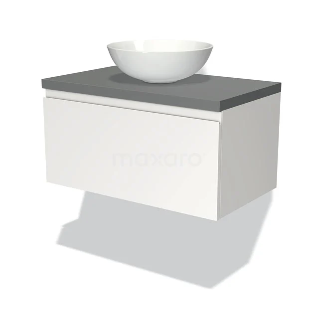 Waschtischunterschrank mit Konsole 80cm Modulo Plato Matt Weiß 1 Schublade Grifflos Mittelgrau Platte BMK11-00641 Weißes hängendes Badmöbel mit grauer Platte und rundem Waschbecken, modernes Design, ideal für ein stilvolles Badezimmer.