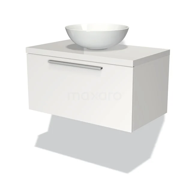 Badmöbel für Waschtischunterschrank mit Konsole 80cm Modulo Plato Matt Weiß 1 Schublade Flach Hochglanz Weiß Platte BMK11-00642 Weißes hängendes Badezimmermöbel mit keramischem Aufsatzwaschbecken, moderne Ausstrahlung und Softclose-Schublade für stilvolle Badezimmerlösungen.