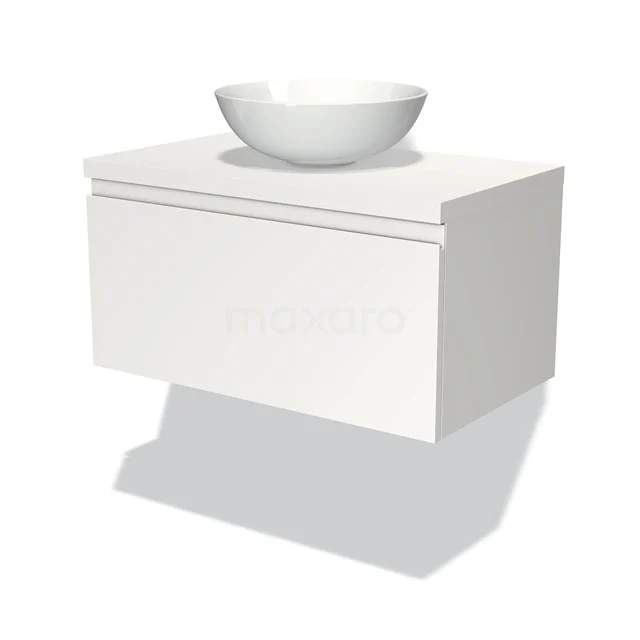 Weißes hängendes Badmöbel mit modernem weißen keramischen Aufsatzwaschbecken, klare Linien und minimalistisches Design.