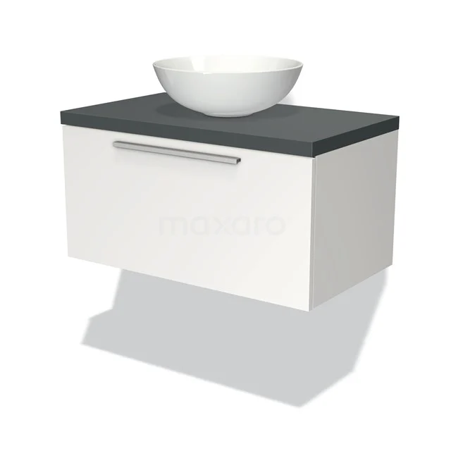 Weißes hängendes Badmöbel mit anthrazitfarbener Arbeitsplatte und rundem Waschbecken, modernes Design aus hochwertigem MDF-Material.