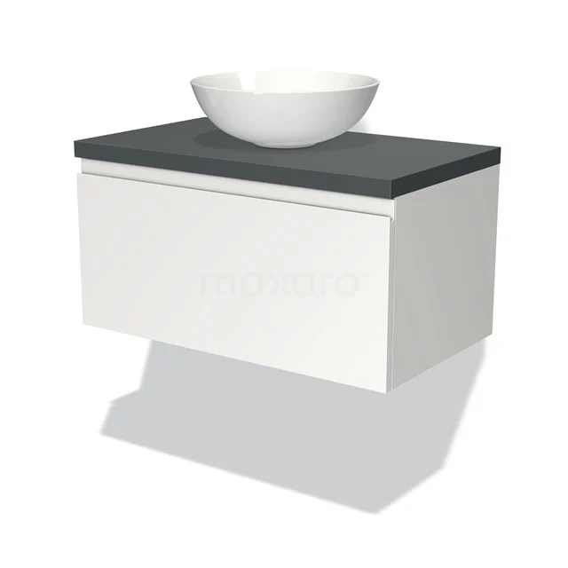 Weißes hängendes Badmöbel mit grauer Platte und keramischem Waschbecken, schlichtes Design, ideal für moderne Badezimmergestaltung.