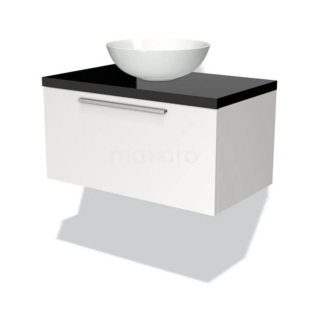 Wandmöbel Weiß mit schwarzer Oberseite und rundem Waschbecken, ideal als modernes Badezimmermöbel.