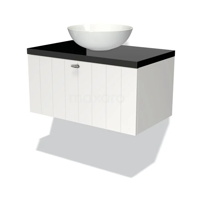 Weiße Waschbeckenunterschrank mit schwarzer Platte und runder weißer Aufsatzwaschbecken, ideal für eine moderne Badezimmer Einrichtung.