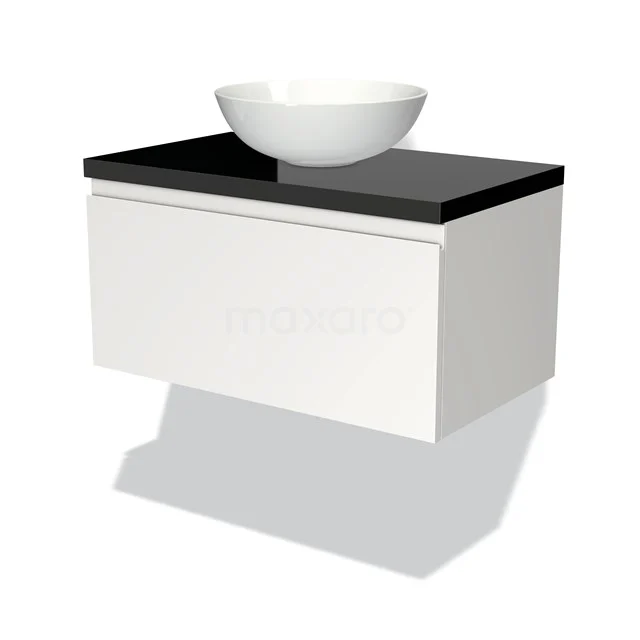 Badmöbel für Aufsatzwaschbecken 80cm Modulo Plato Matt Weiß 1 Schublade Grifflos Hochglanz Schwarz Platte BMK11-00650 Weißes hängendes Badezimmermöbel mit schwarzer Platte und modernem keramischen Aufsatzwaschbecken, ideal für stilvolle Badezimmergestaltung.