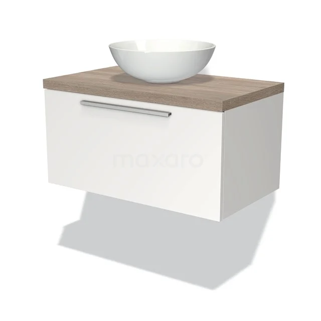 Weißes hängendes Badmöbel mit einer holzfarbigen Platte und einem runden weißen Aufsatzwaschbecken, modernes und praktisches Design.