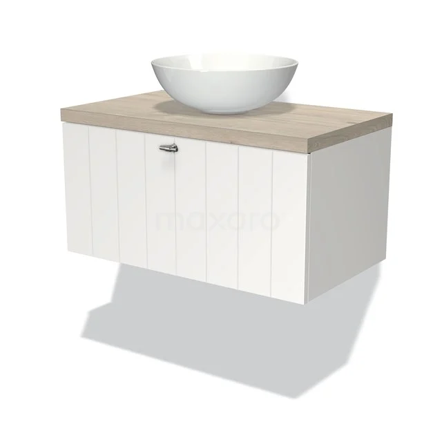 White bathroom unit with wooden worktop and ceramic countertop wash basin, modern design, ideal for stylish bathroom design.