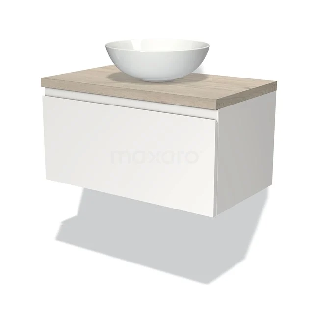 Modulo Plato Badmöbel mit Aufsatzwaschbecken | 80 cm Matt Weiß Grifflos front Hellgraue Eiche blatt 1 Schublade BMK11-00656 Weißes schwebendes Badmöbel mit einer Holzplatte und rundem Waschbecken, ideal für moderne Badezimmergestaltungen.