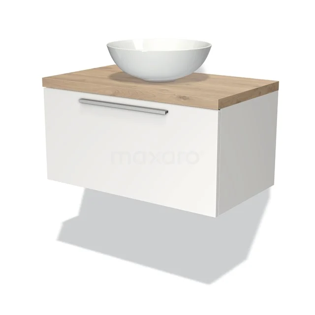 Weißes hängendes Badmöbel mit Holzplatte und rundem Aufsatzwaschbecken, modernes Design, ideal für kompakte Bäder.