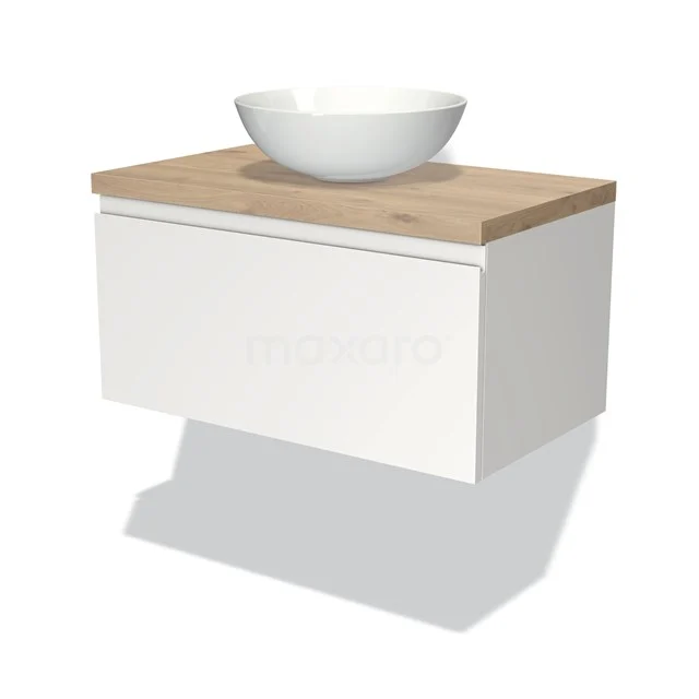 Badmöbel für Aufsatzwaschbecken 80cm Modulo Plato Matt Weiß 1 Schublade Grifflos Hellbraune Eiche Platte BMK11-00659 Weißes Badezimmermöbel mit Holzplatte und modernem runden Aufsatzwaschbecken, ideal für eine stilvolle und praktische Badezimmergestaltung.