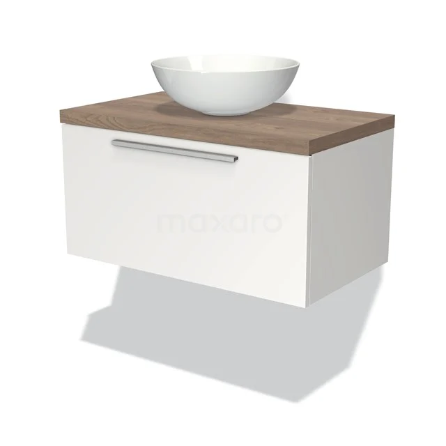 Weißes Badezimmermöbel mit Holzplatte und einem runden weißen Waschbecken, Wandmontage, modernes Design für ein stilvolles Badezimmerinterieur.