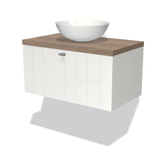 White hanging bathroom unit with wood-look worktop and round ceramic basin, modern design for a stylish bathroom.