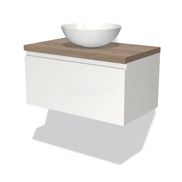 Weißes hängendes Badmöbel mit Holzlook Platte und modernem rundem Waschbecken, ideal für eine stilvolle Badezimmergestaltung.