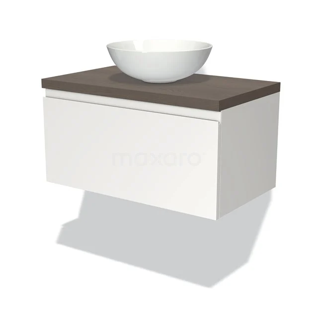 Waschtischunterschrank mit Konsole 80cm Modulo Plato Matt Weiß 1 Schublade Grifflos dunkelbraune Eiche Platte BMK11-00665 Weißes schwebendes Badmöbel mit Holzplatte und rundem weißen Waschbecken, schlichtes Design für moderne Bäder.