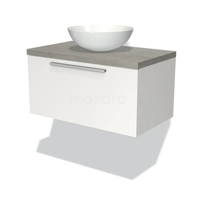 Modulo Plato Badmöbel mit Aufsatzwaschbecken | 80 cm Matt Weiß Flach front Graue Eiche blatt 1 Schublade BMK11-00666 Weißer hängender Badschrank mit grauer Holzplatte und rundem Aufsatzwaschbecken, modernes Design, ideale Aufbewahrungslösung für das Badezimmer.