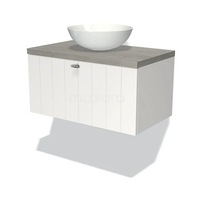 Modulo Plato Vanity units for countertop basin | 80 cm Matte white Slat front Grey oak worktop 1 drawer BMK11-00667 White hanging bathroom unit with a grey worktop and round basin, modern design from the Nordic series.