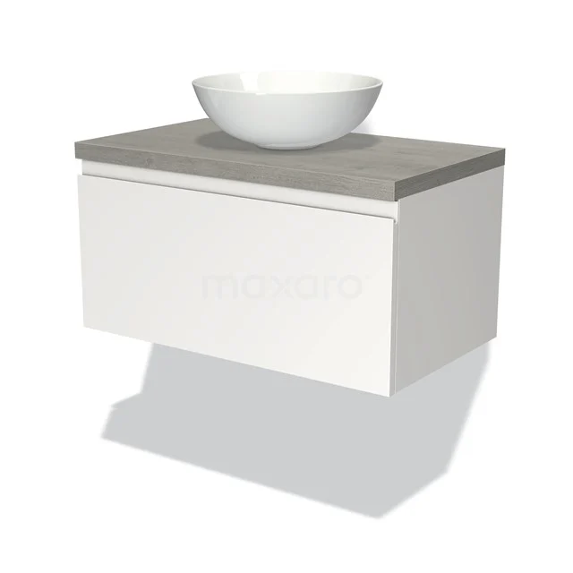 Weißes hängendes Badmöbel mit keramischem Aufsatzwaschbecken und grauer Betonlook-Platte, modernes Design.
