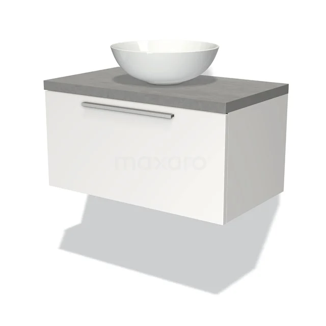 Badmöbel für Waschtischunterschrank mit Konsole 80cm Modulo Plato Matt Weiß 1 Schublade Flach Hellgrauer Beton Platte BMK11-00669 Wandhängendes Badezimmermöbel in Weiß mit grauer Platte, keramischem runden Aufsatzwaschbecken, modernem Design und metallischem Haltegriff.