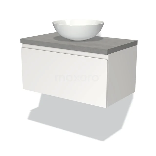 Weißes hängendes Badmöbel mit Betonlook Platte und rundem Waschbecken, modernes Design für kleine Bäder.