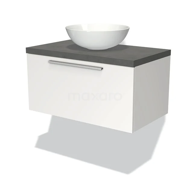 Weißes schwebendes Badmöbel mit grauer Platte, integriertem Waschbecken und modernem Design, ideal für stilvolle Bäder.