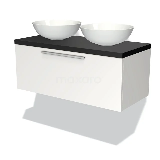 Weißes hängendes Badmöbel mit schwarzer Oberseite und zwei runden Waschbecken, modernes Design aus Keramik.