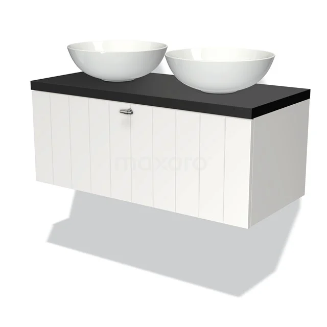 Modulo Plato Vanity units for countertop basin | 100 cm Matte white Slat front Matte black worktop 1 drawer BMK11-00676 White suspended bathroom unit with wooden grain, black top and double round basins; modern and stylish design.