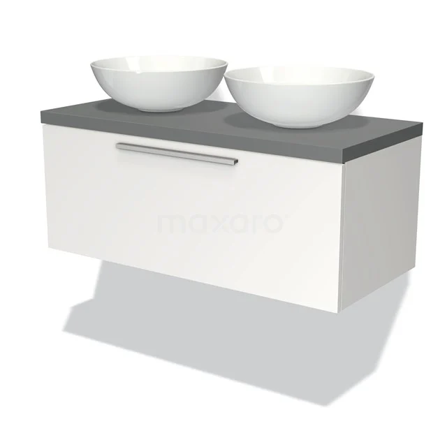 Weißes schwebendes Badezimmermöbel mit grauer Platte und doppelten Aufsatzwaschbecken, schicker moderner Stil.