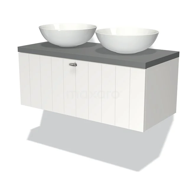 Modulo Plato Badmöbel mit Aufsatzwaschbecken | 100 cm Matt Weiß Lamelle front Mittelgrau blatt 1 Schublade BMK11-00679 Weißes hängendes Badezimmermöbel mit grauer Platte und zwei runden keramischen Aufsatzwaschbecken, straffes Design.