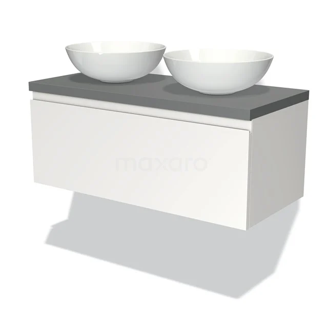Badmöbel für Waschtischunterschrank mit Konsole 100cm Modulo Plato Matt Weiß 1 Schublade Grifflos Mittelgrau Platte BMK11-00680 Weißes schwebendes Badezimmermöbel mit grauer Platte und zwei keramischen Aufsatzwaschbecken, modernes Design für ein stilvolles Badezimmer.