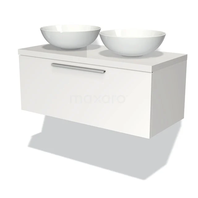 Weißes hängendes Badmöbel mit zwei runden Waschbecken, minimalistisches Design und praktische Schublade für Stauraum.