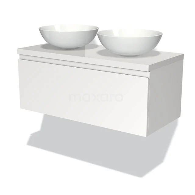 Weißes hängendes Badmöbel mit zwei runden Aufsatzwaschbecken, straffes Design und minimalistische Ausführung für moderne Bäder.