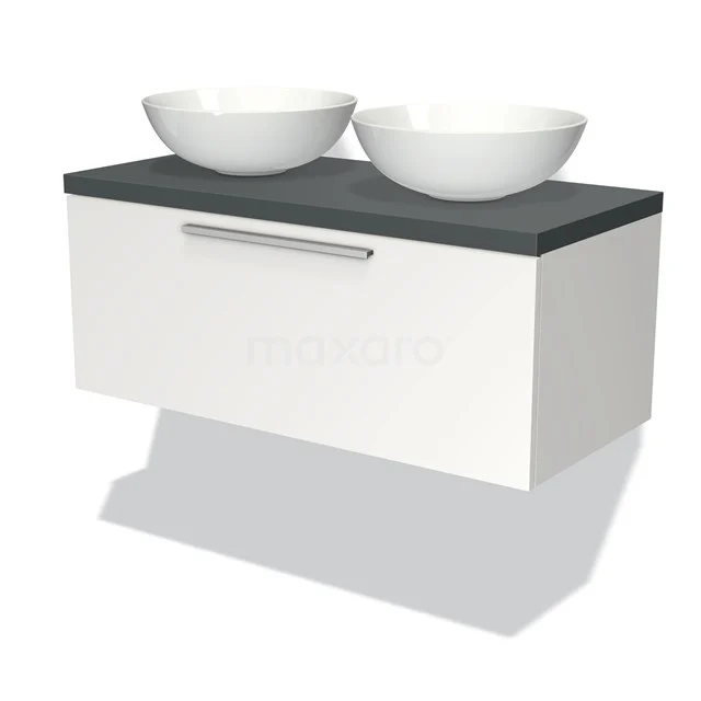 Weißes schwebendes Badmöbel mit doppeltem Aufsatzwaschbecken, grauer Platte und schickem Haltegriff, modernes Design für ein stilvolles Badezimmer.