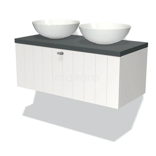 White wooden bathroom unit with black worktop and two ceramic vanity units with basins, modern design for contemporary bathrooms.