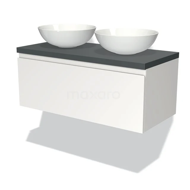 Weiße hängende Badmöbelset mit schwarzer Platte und doppelten Aufsatzwaschbecken, schlicht modernes Design für stilvolle Bäder.