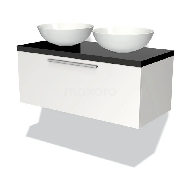 Modulo Plato Vanity units for countertop basin | 100 cm Matte white Flat front High-gloss black worktop 1 drawer BMK11-00687