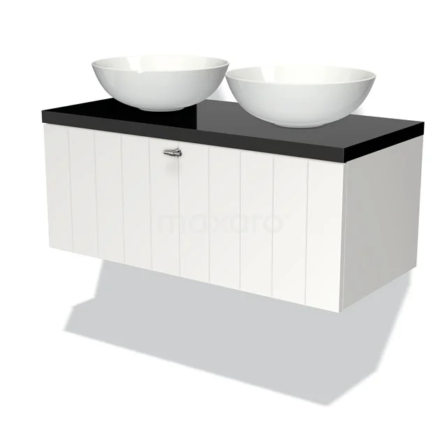 White wooden bathroom unit with black worktop and two round ceramic basins, modern design for stylish bathrooms.