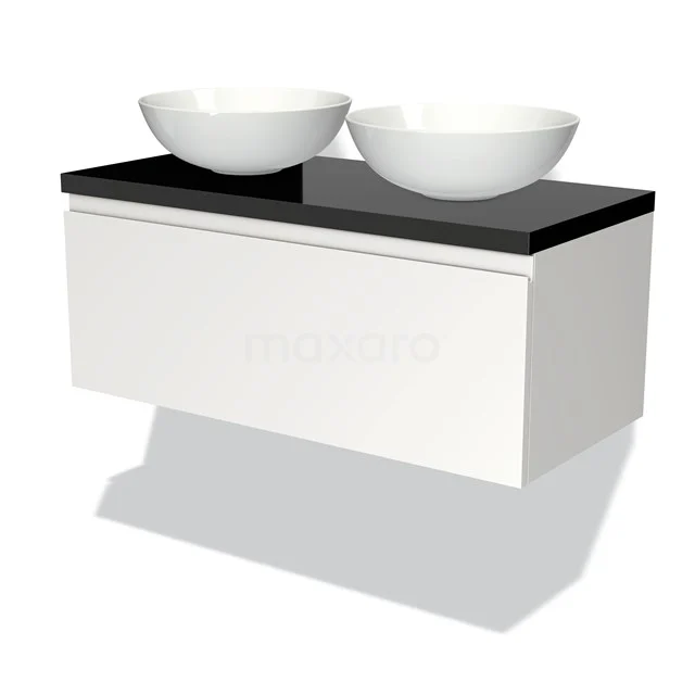 Weißes hängendes Badmöbel mit schwarzer Oberseite und zwei runden Waschbecken, modernes Design, ideal für ein stilvolles Badezimmer.