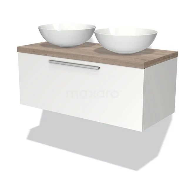 Waschtischunterschrank mit Konsole 100cm Modulo Plato Matt Weiß 1 Schublade Flache Platte aus Eiche BMK11-00690 Weißes hängendes Waschtischmöbel mit Holzlook Platte und zwei runden Aufsatzwaschbecken, ideal für eine moderne Badezimmer Einrichtung.
