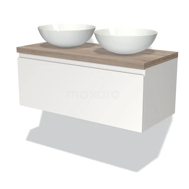 Modulo Plato Badmöbel mit Aufsatzwaschbecken | 100 cm Matt Weiß Grifflos front Eiche blatt 1 Schublade BMK11-00692 Weißes hängendes Badezimmermöbel mit Holzplatte und zwei runden Waschbecken, ideal für eine moderne Badezimmergestaltung.