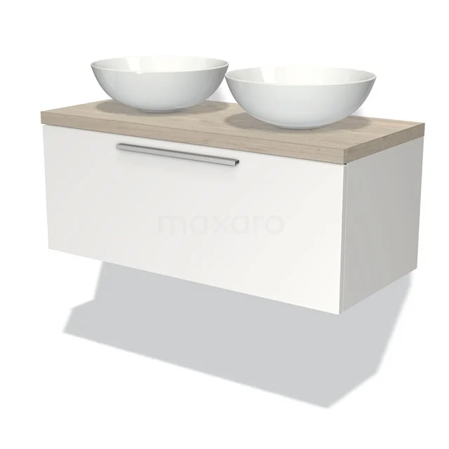 Modulo Plato Badmöbel mit Aufsatzwaschbecken | 100 cm Matt Weiß Flach front Hellgraue Eiche blatt 1 Schublade BMK11-00693 Weißes hängendes Badmöbel mit zwei runden Waschbecken, Holzplatte und metallischem Haltegriff für stilvolle Badezimmergestaltung.