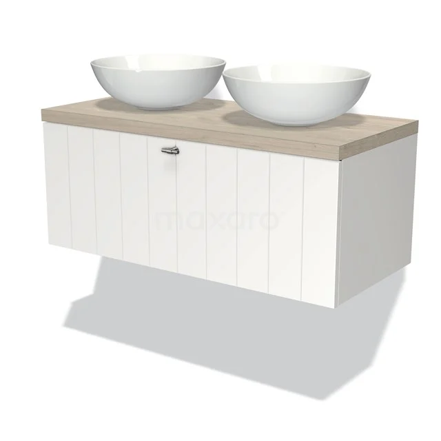 White bathroom unit with wood-look worktop and double round countertop wash basin, modern suspended design, ideal for stylish bathrooms.