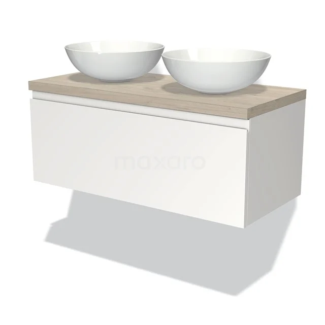 Weißes schwebendes Badmöbel mit Holzplatte und doppelten ovalen Aufsatzwaschbecken, ideal für einen modernen Badezimmerstil.