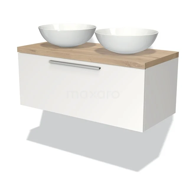 Badmöbel für Aufsatzwaschbecken 100cm Modulo Plato Matt Weiß 1 Schublade Flach Hellbraune Eiche Platte BMK11-00696 Weißes hängendes Badmöbel mit Holzlook Platte und doppeltem Aufsatzwaschbecken, modernes Design, ideal für erneuerte Badezimmerstil.