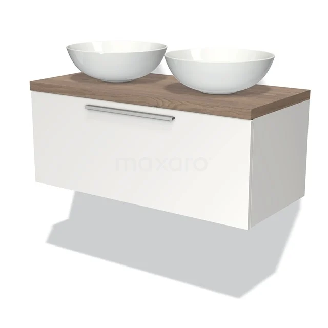 Modulo Plato Vanity units for countertop basin | 100 cm Matte white Flat front Mid brown oak worktop 1 drawer BMK11-00699
