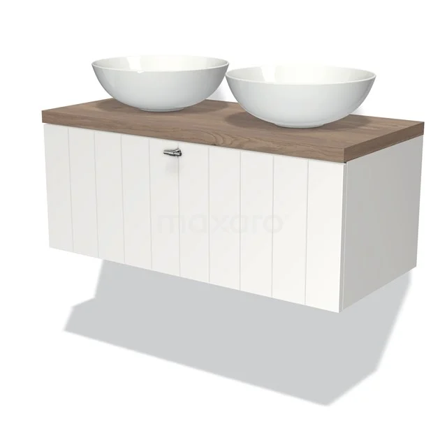 Modulo Plato Vanity units for countertop basin | 100 cm Matte white Slat front Mid brown oak worktop 1 drawer BMK11-00700 White wall unit with wood-look worktop, double countertop wash basins and modern panels, perfect for a stylish bathroom.
