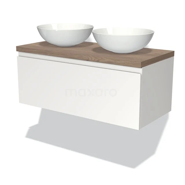 Badmöbel für Aufsatzwaschbecken 100cm Modulo Plato Matt Weiß 1 Schublade Grifflos Mittelbraune Eiche Platte BMK11-00701 Weißes schwebendes Badmöbel mit Holzplatte und zwei keramischen Aufsatzwaschbecken, modernes Design für stilvolle Badezimmergestaltung.