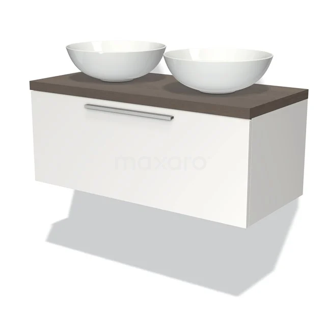 Weißes schwebendes Badezimmermöbel mit Holzplatte und doppelten runden Aufsatzwaschbecken, modernes Design und praktische Schublade.