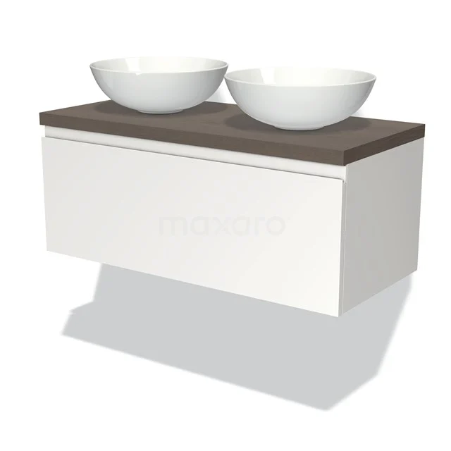 Modulo Plato Vanity units for countertop basin | 100 cm Matte white Handle-less front Dark brown oak worktop 1 drawer BMK11-00704