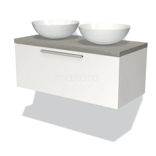 Weißes Badezimmermöbel mit grauem Beton-Platte, doppelten Aufsatzwaschbecken und einem Aluminium Haltegriff. Modernes und schlankes Design.